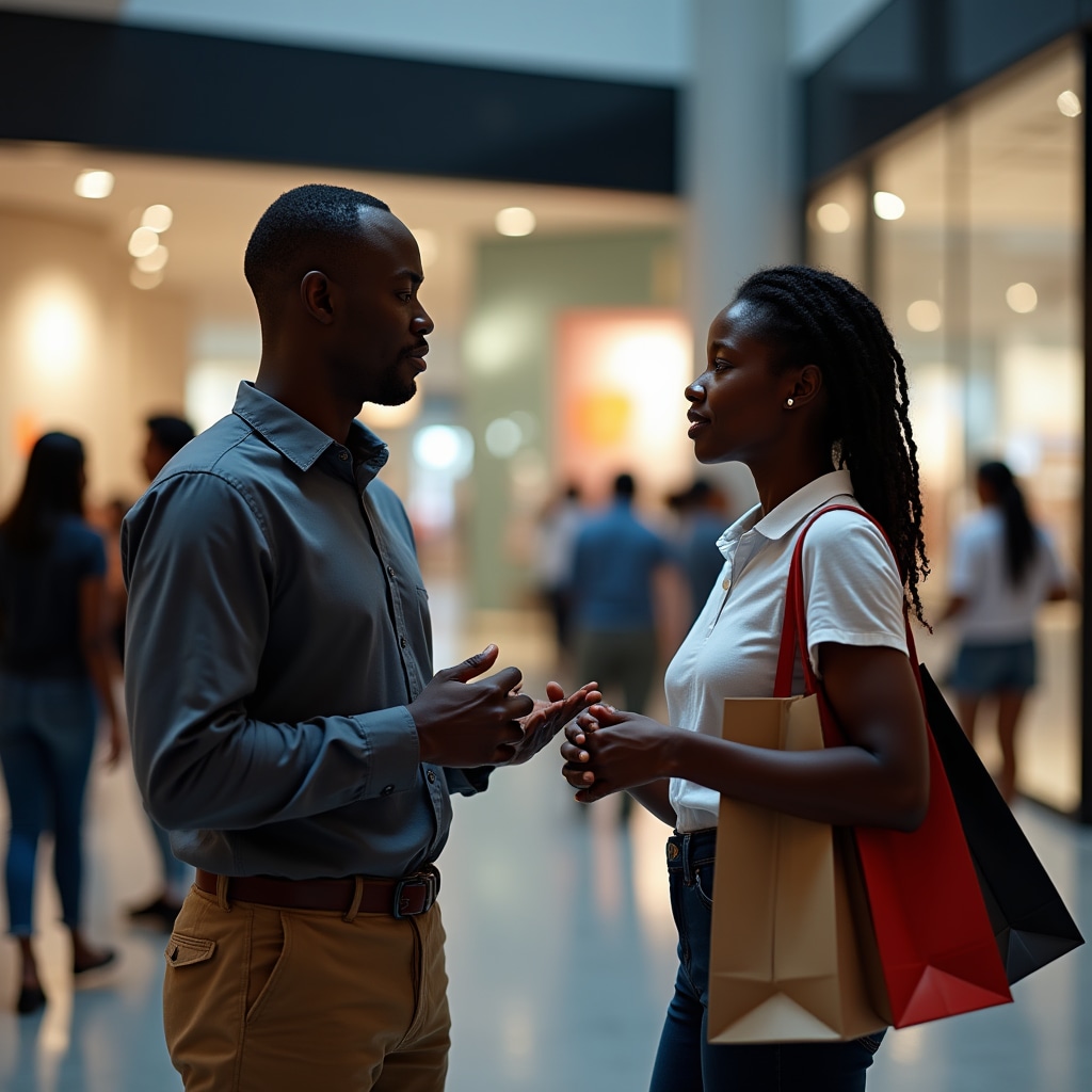 Face-to-face customer interview at shopping centre