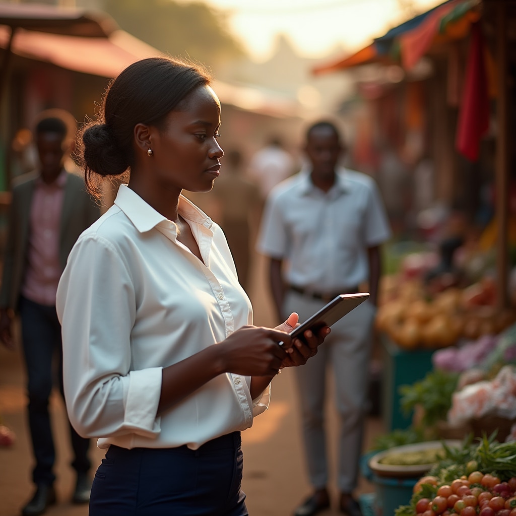 Field researcher conducting survey at Accra market